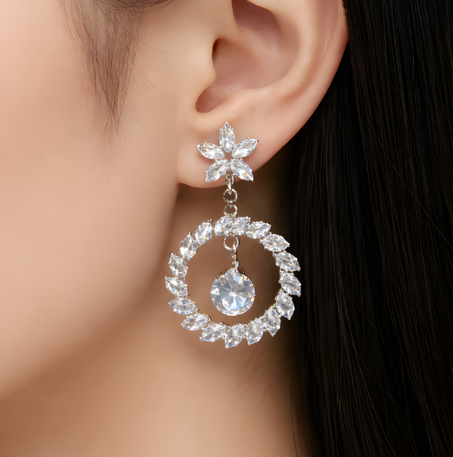 NNED008 ZYN Flower & Circle Pear Drop Earrings