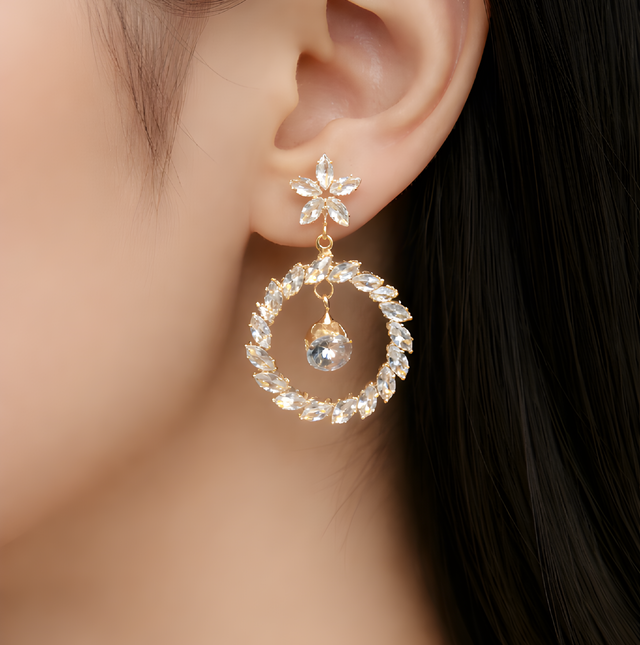 NNED008 ZYN Flower & Circle Pear Drop Earrings