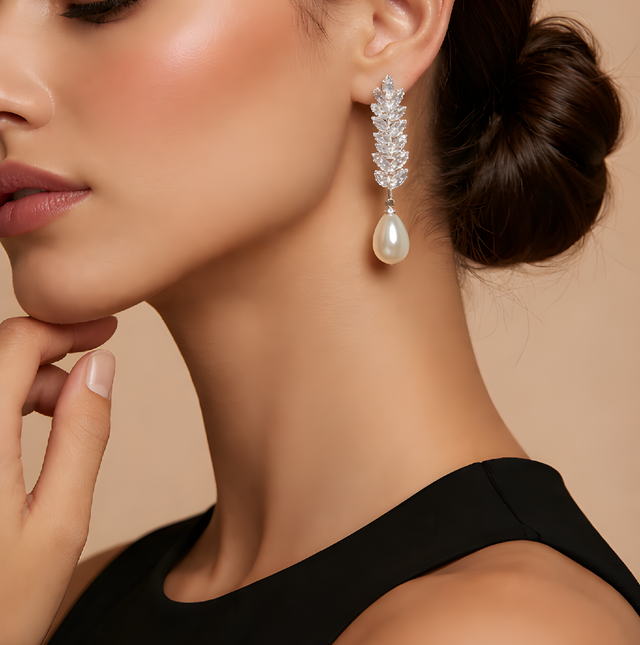 NNED011 ZYN Step Leaf & Pearl Drop Earrings