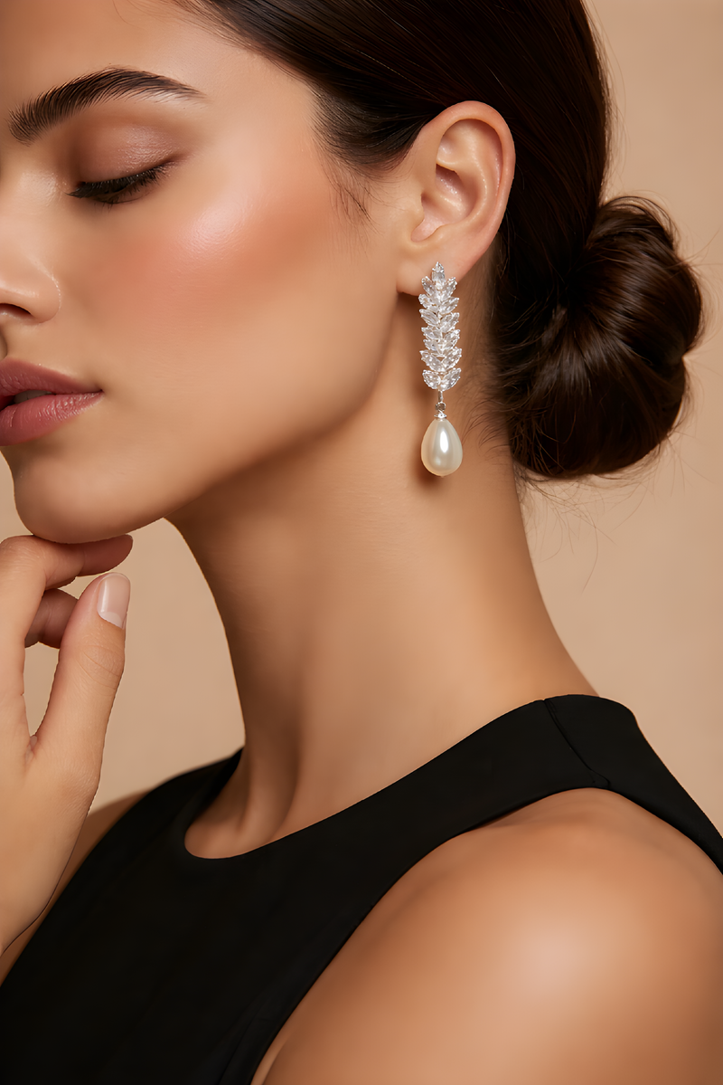 NNED011 ZYN Step Leaf & Pearl Drop Earrings