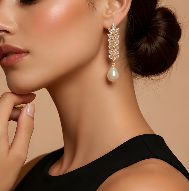 NNED011 ZYN Step Leaf & Pearl Drop Earrings