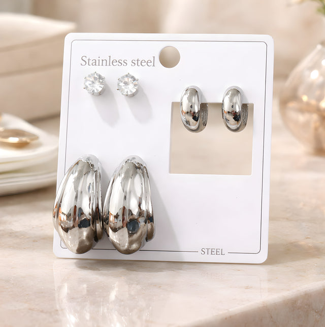 NNEH004 ZYN C & Round Shape Ear Hoops 3 Sets