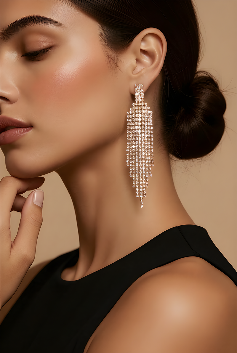 NNED031 ZYN Golden Crystal Cascade Drop Earrings