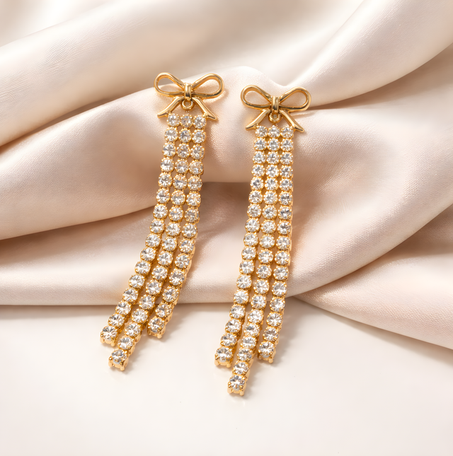 NNED032 ZYN Crystal Bow Tassel Drop Earrings