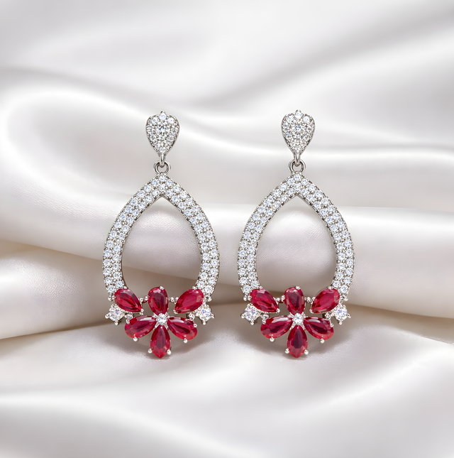NNED035 ZYN Royal Ruby Halo Drop Earrings