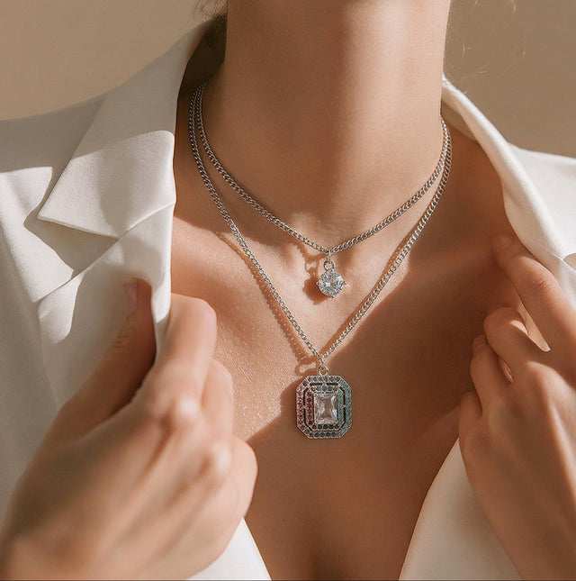 NNPN013 ZYN Layered Square Crystal Necklace
