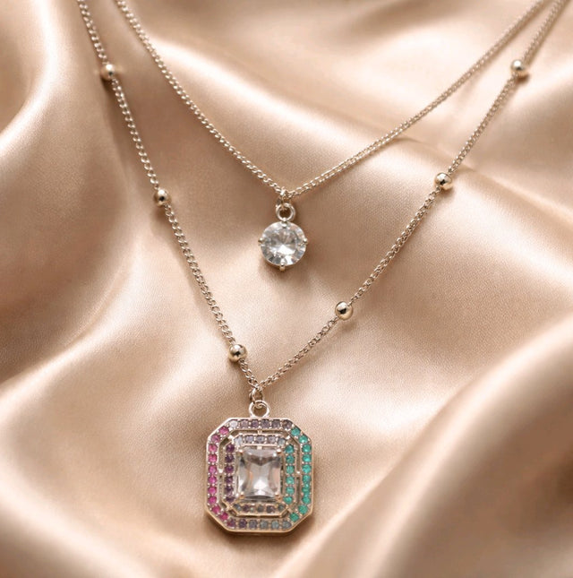 NNPN013 ZYN Layered Square Crystal Necklace