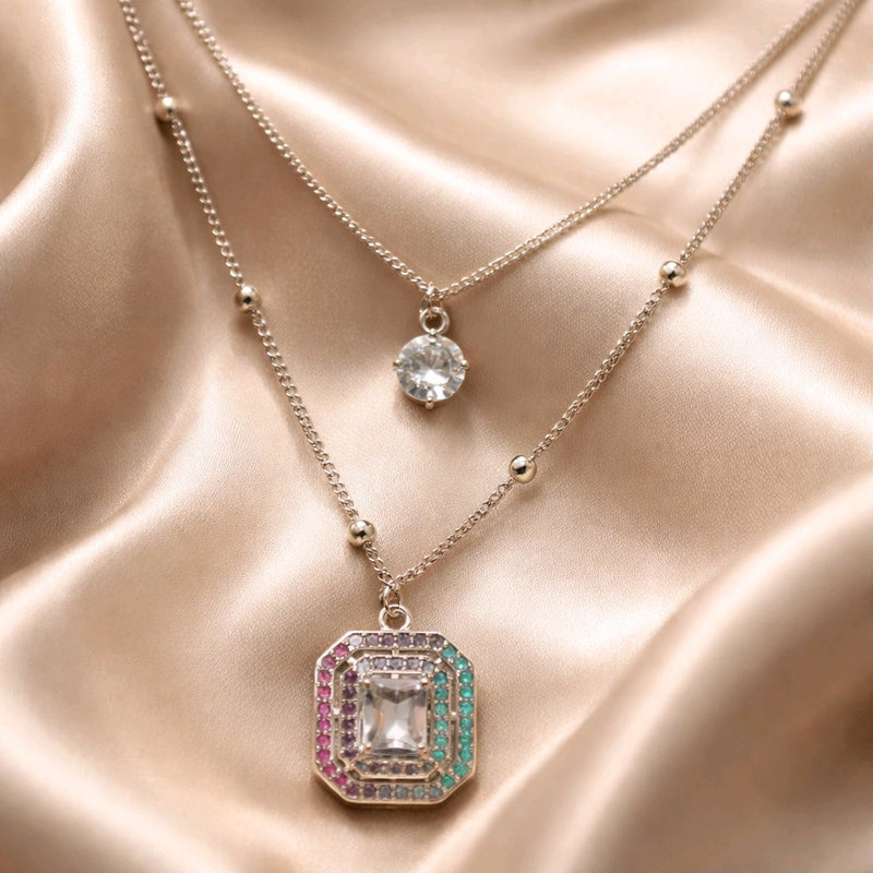 NNPN013 ZYN Layered Square Crystal Necklace