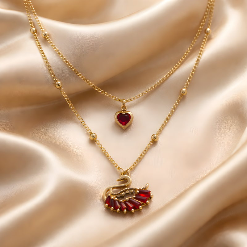 NNPN014 ZYN Heart Swan Layered Necklace