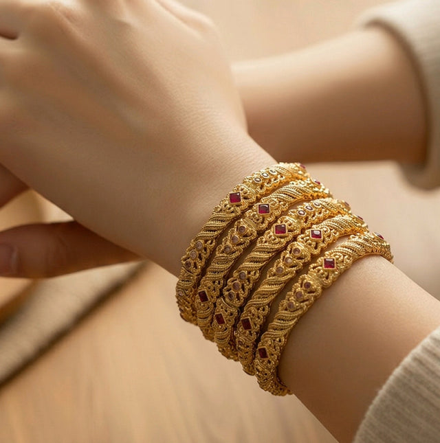 NNCK006 RZN  Red Beaded Bangles Set (6 Pcs)