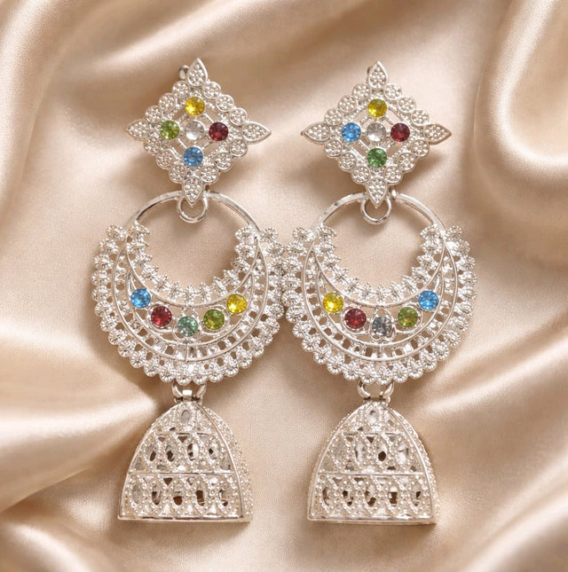 NNCJ017 ZYN Silver Multicolor Chandbali Jhumki