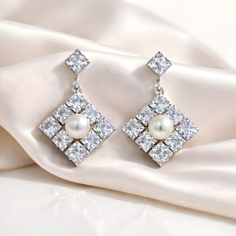 NNED026 ZYN Box & Pearl Drop Earrings