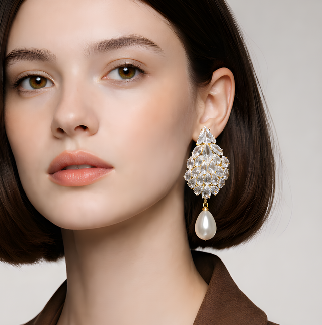 NNED001 ZYN Leaf Pearl Drop Earrings